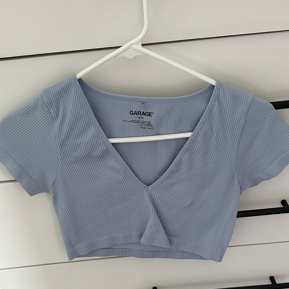 Garage Light Blue V-Neck Ribbed Blouse